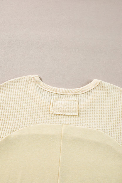 Beige Thermal Knit Patchwork Exposed Seam Long Sleeve Top