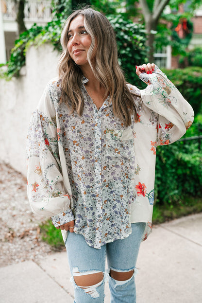 Purple Boho Floral Bishop Sleeve Button Up Loose Shirt