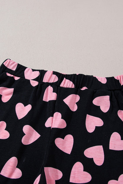 Black Valentine Heart Shape Print Long Sleeve Top Shorts Lounge Set