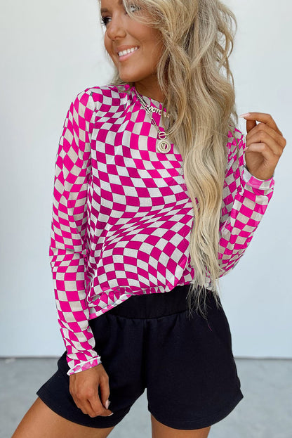 Rose Checkered Pattern Mesh Mock Neck Long Sleeve Top