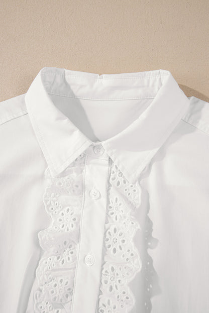 White Lace Crochet Trim Turn Down Collar Buttoned Shirt