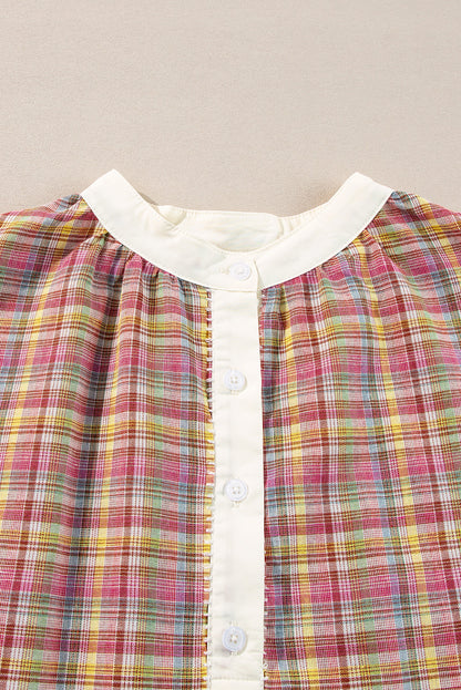 Pink Colorblock Plaid Patchwork Henley Blouse