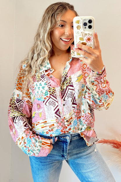 Pink Abstract Colorful Printed Button Down Shirt