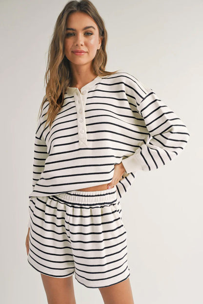 Black white Stripes Printed Half Button Long Sleeve Top and Shorts Set