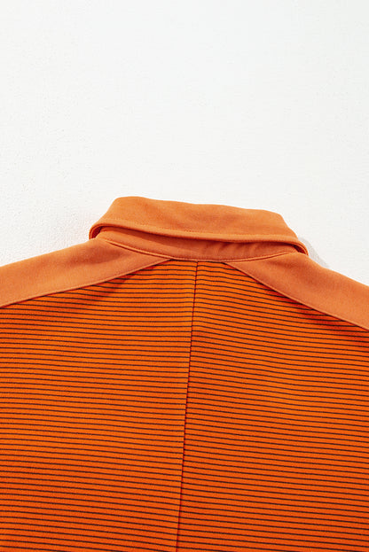 Orange Stripe Exposed Seam Henley Turn-down Neck Puff Sleeve Sweatshirt