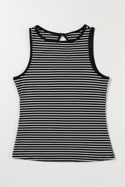 Black Striped Print Ribbed Knit Sleeveless Top