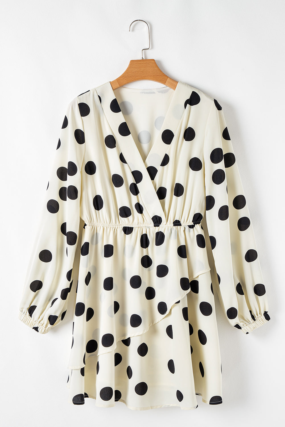 Beige Polka Dot Printed Surplice V-Neck Puff Sleeve Mini Dress