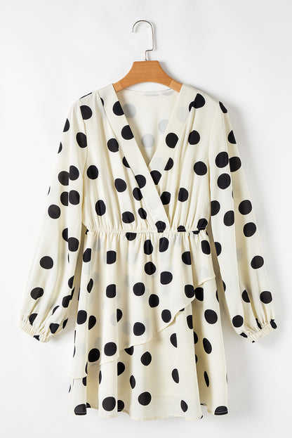 Beige Polka Dot Printed Surplice V-Neck Puff Sleeve Mini Dress