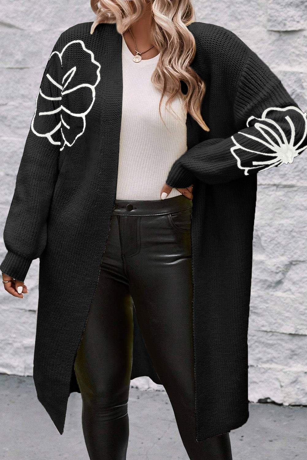 Black Flower Embroidered Drop Shoulder Open Front Duster Cardigan