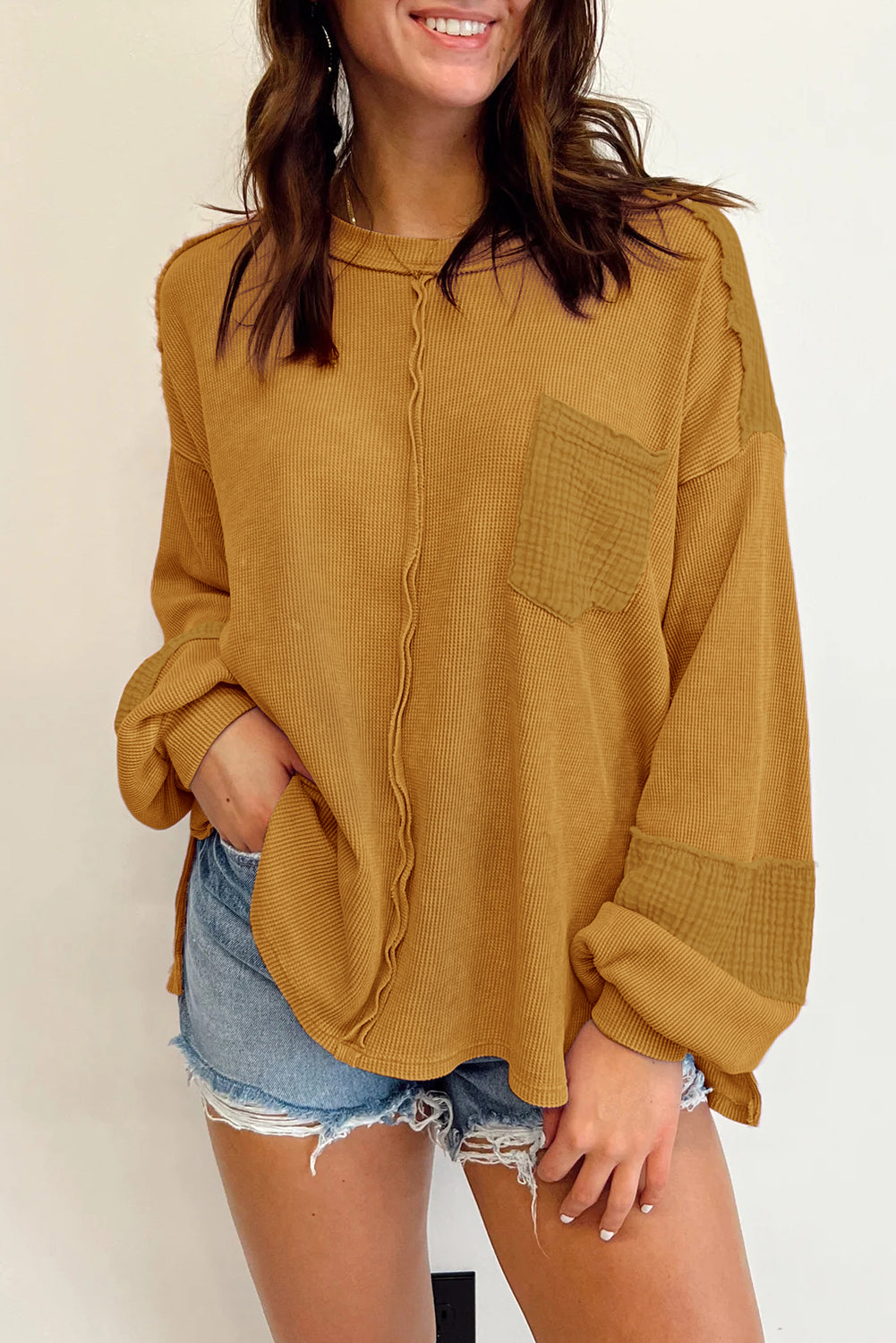 Exposed Seam Patchwork Bubble Sleeve Waffle Knit Top