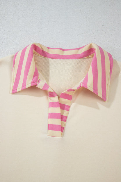 Pink Stripe Colorblock Patchwork Collared French Terry Knit Top