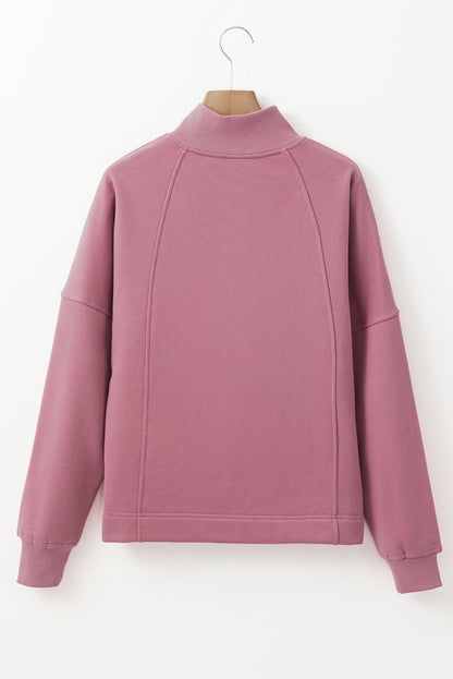 Fushia Zipped Neck Pullover Drop Shoulder Sweatshirt