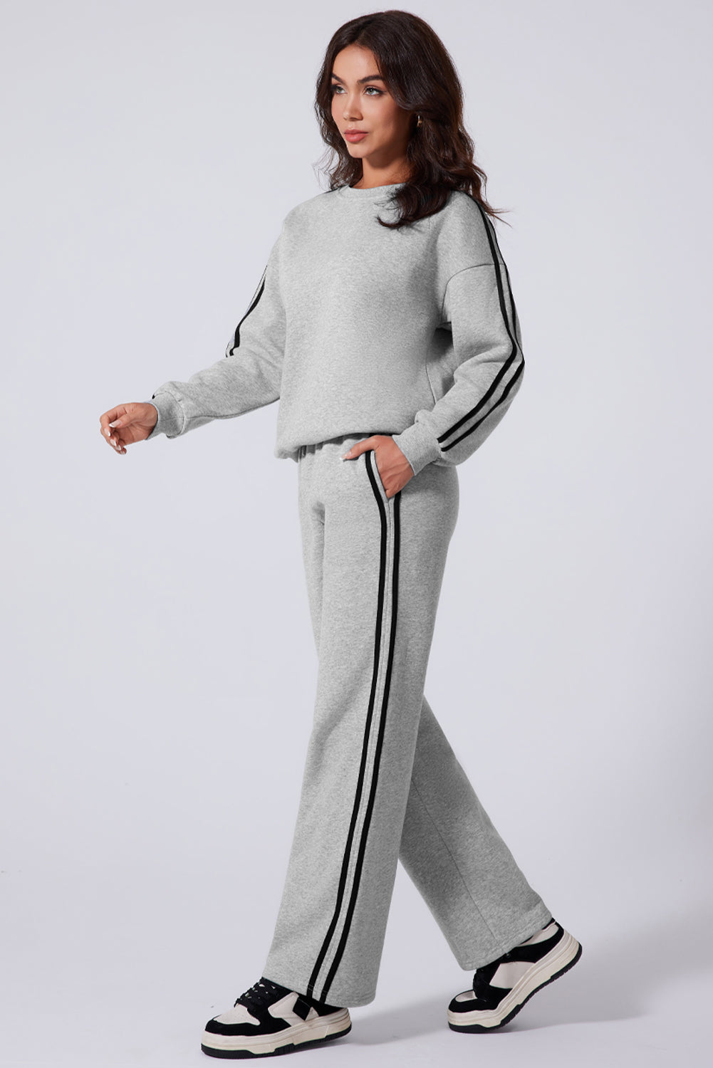 Light Grey Solid Color Side Striped Sweatshirt Active Set