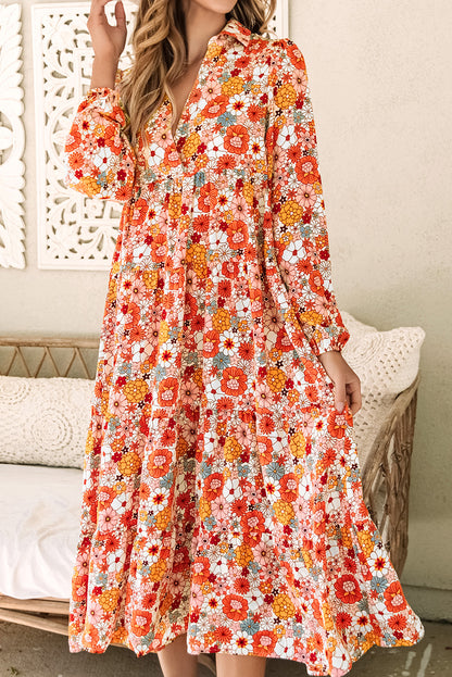 Multicolor Boho Floral Collared Long Sleeve Ruffled Midi Dress