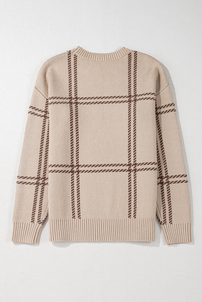 Khaki Plaid Pattern Knitted Drop Shoulder Sweater