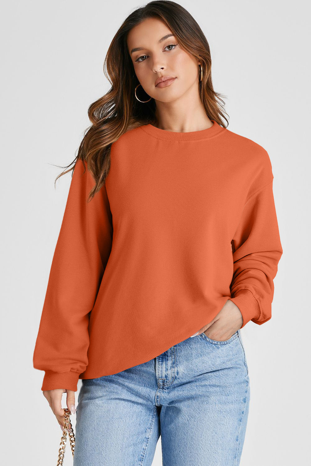 Orange Plain Drop Shoulder Crewneck Pullover Sweatshirt