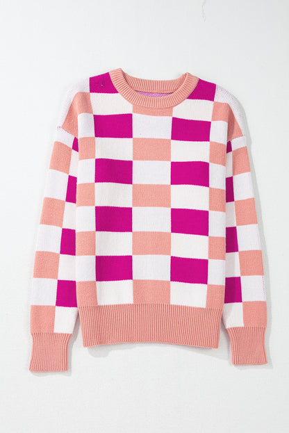 Pink Checkered Ribbed Edge O Neck Drop Shoulder Sweater