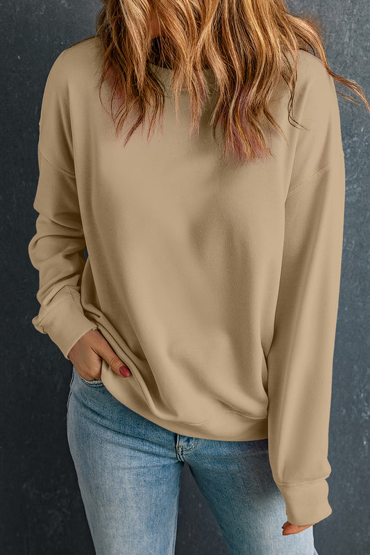 Khaki Solid Classic Crewneck Pullover Sweatshirt