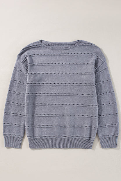 Light Grey Boat Neck Drop Shoulder Pointelle Knit Sweater