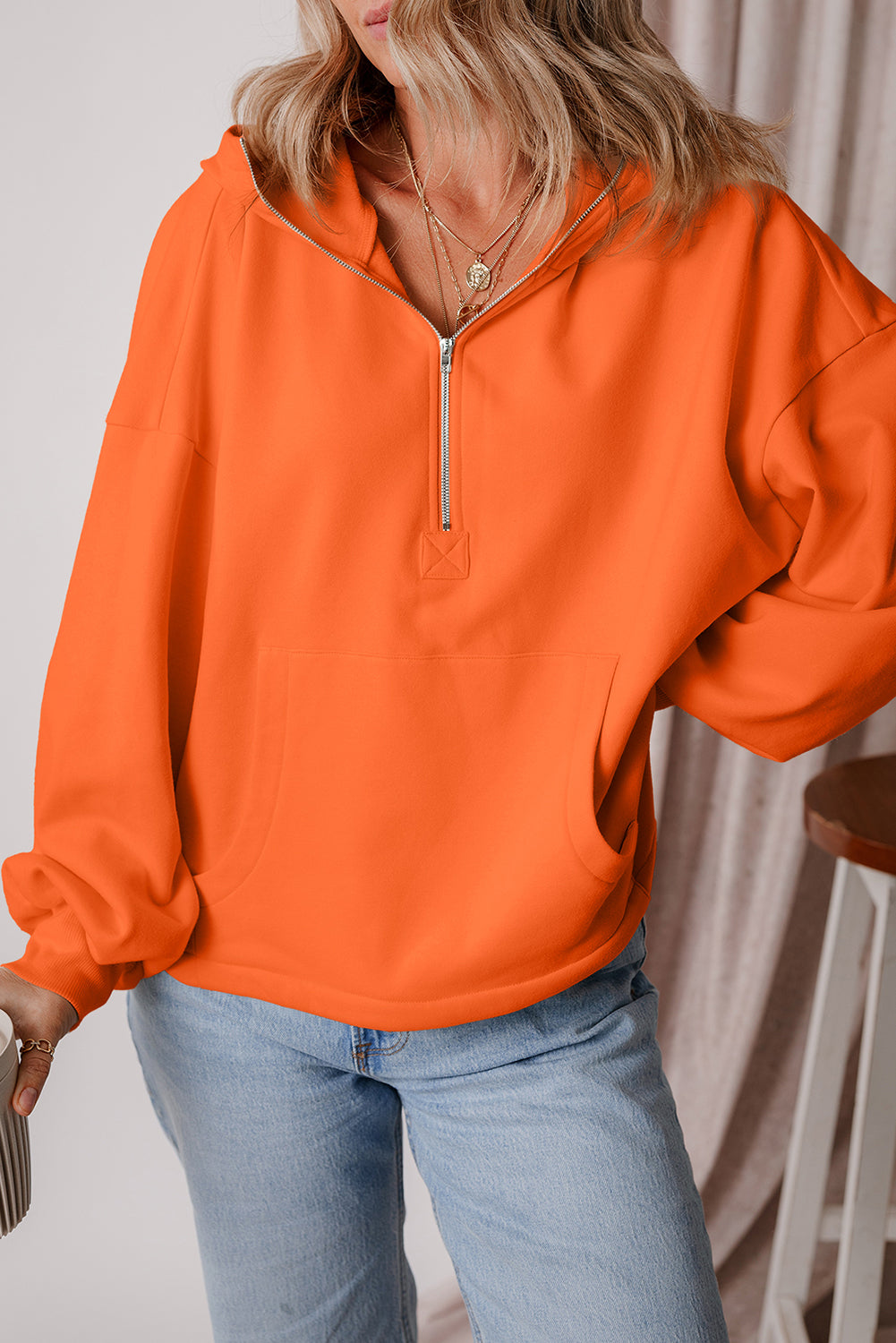 Orange Fleece Lined Half Zipper Kangaroo Pockets Loose Hoodie