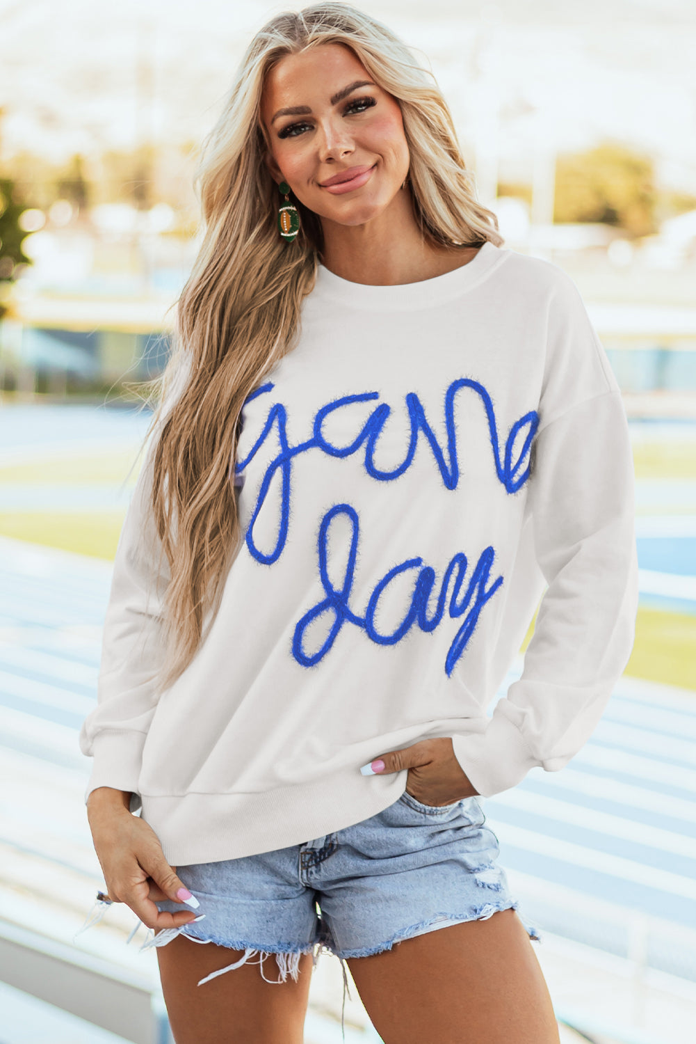 White Tinsel Game Day Drop Shoulder Graphic Sweatshirt