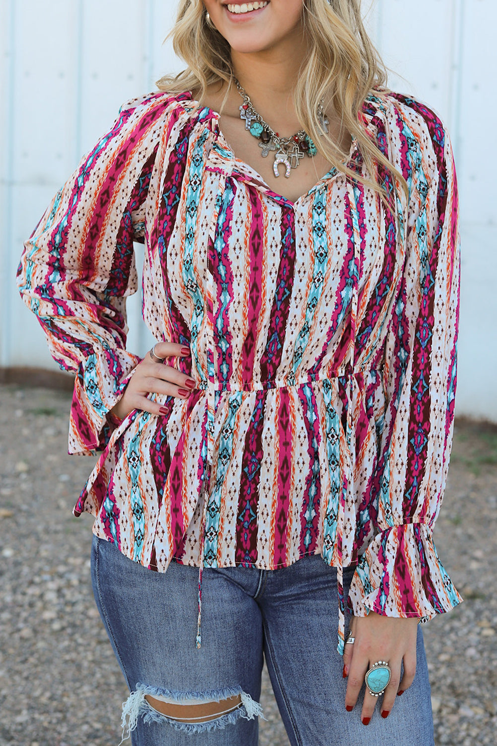 Multicolour Western Aztec Split Neck Peplum Blouse