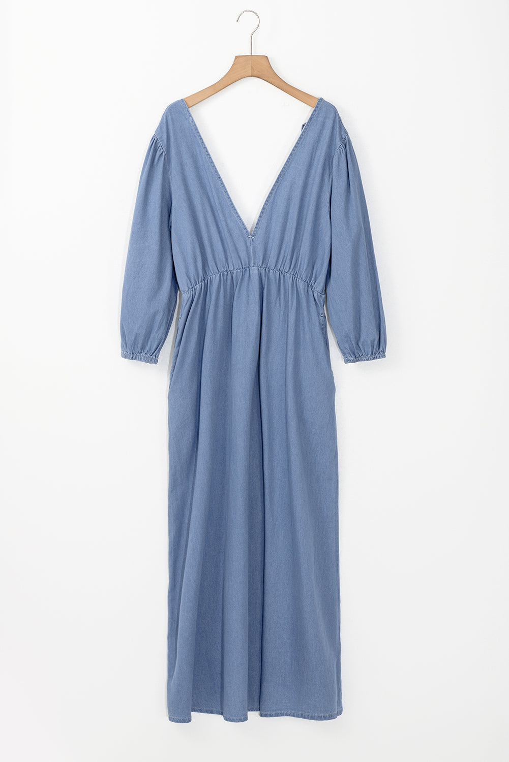 Myosotis Chambray Deep V-Neck Bracelet Sleeve Maxi Dress