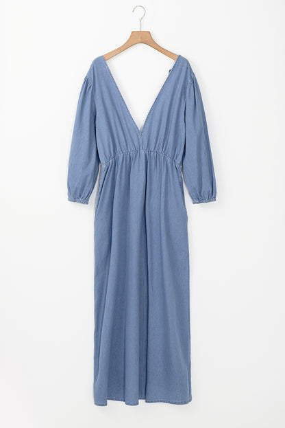 Myosotis Chambray Deep V-Neck Bracelet Sleeve Maxi Dress