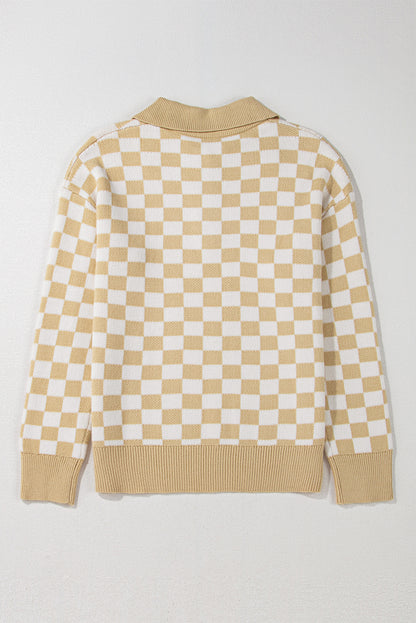 Apricot Checkered Buttons Collar V Neck Drop Shoulder Sweater