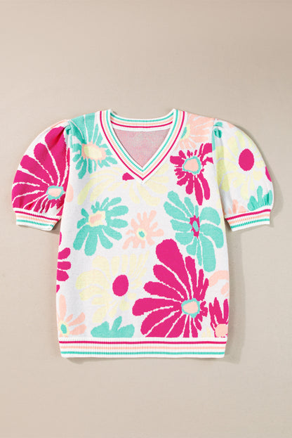 Multicolour Floral Print V Neck Short Sleeve Sweater