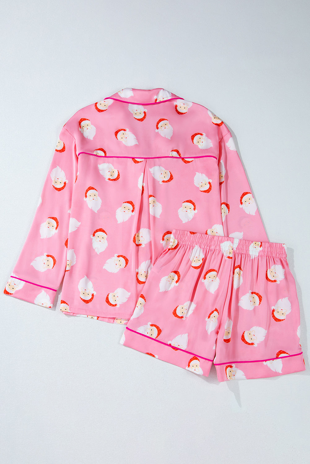 Pink Christmas Santa Claus Print Satin Shirt and Shorts Set