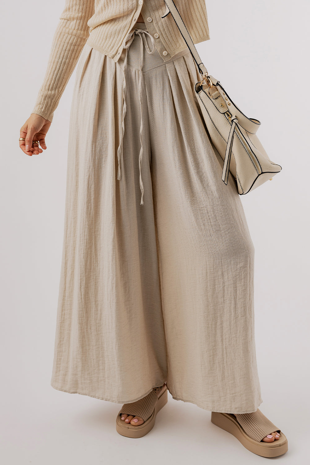 Beige Drawstring Waist Pleated Wide Leg Casual Pants