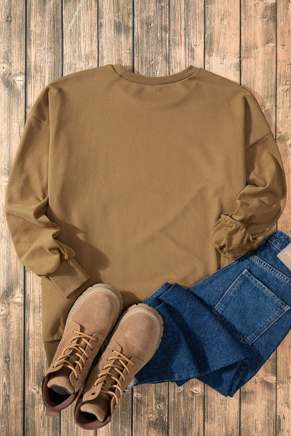 Brown Solid O Neck High Low Hem Pullover Sweatshirt