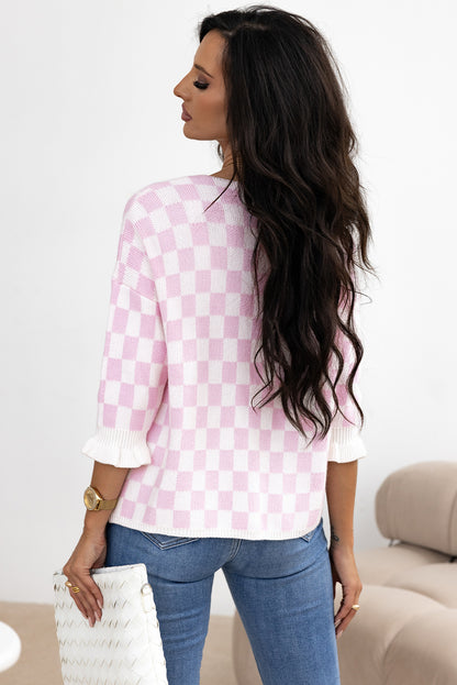 Light Pink Checkered Knitted Lace-up Ruffled 3/4 Sleeve Cardigan