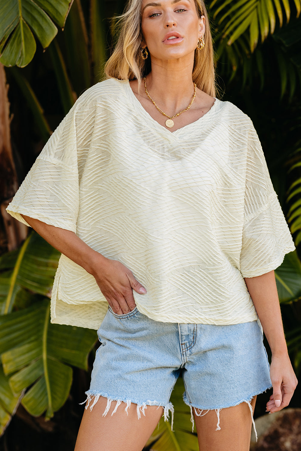 Beige V-Neck Textured Split Hem Oversized Top