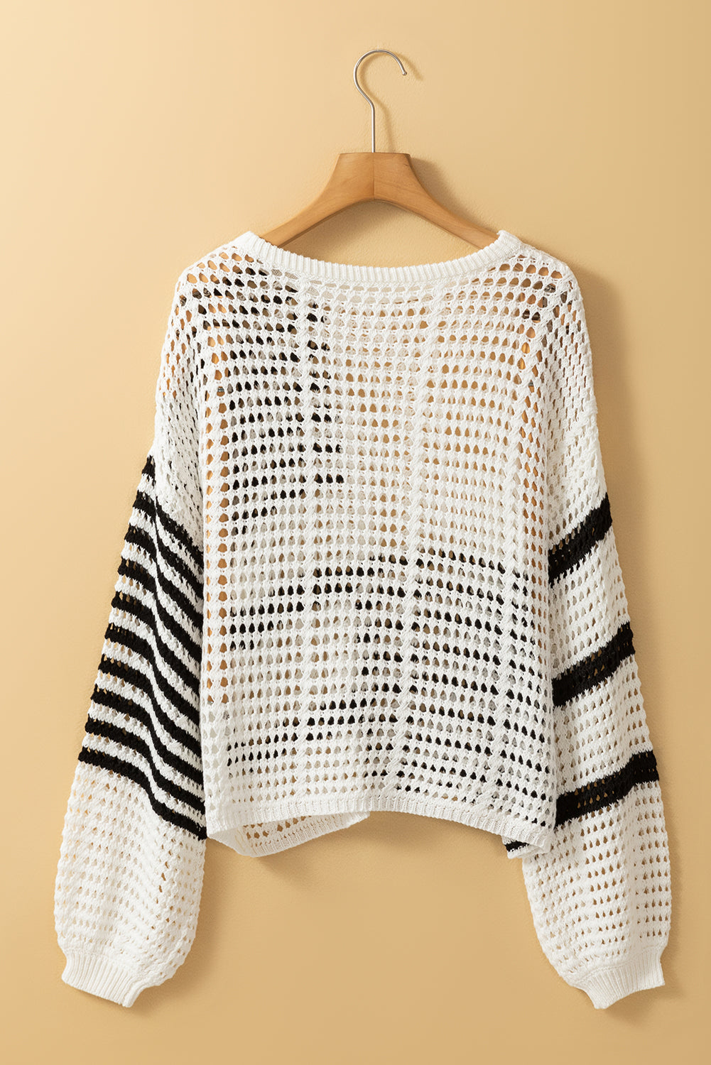 White Stripe Contrast Striped Crochet Puff Sleeve Sweater