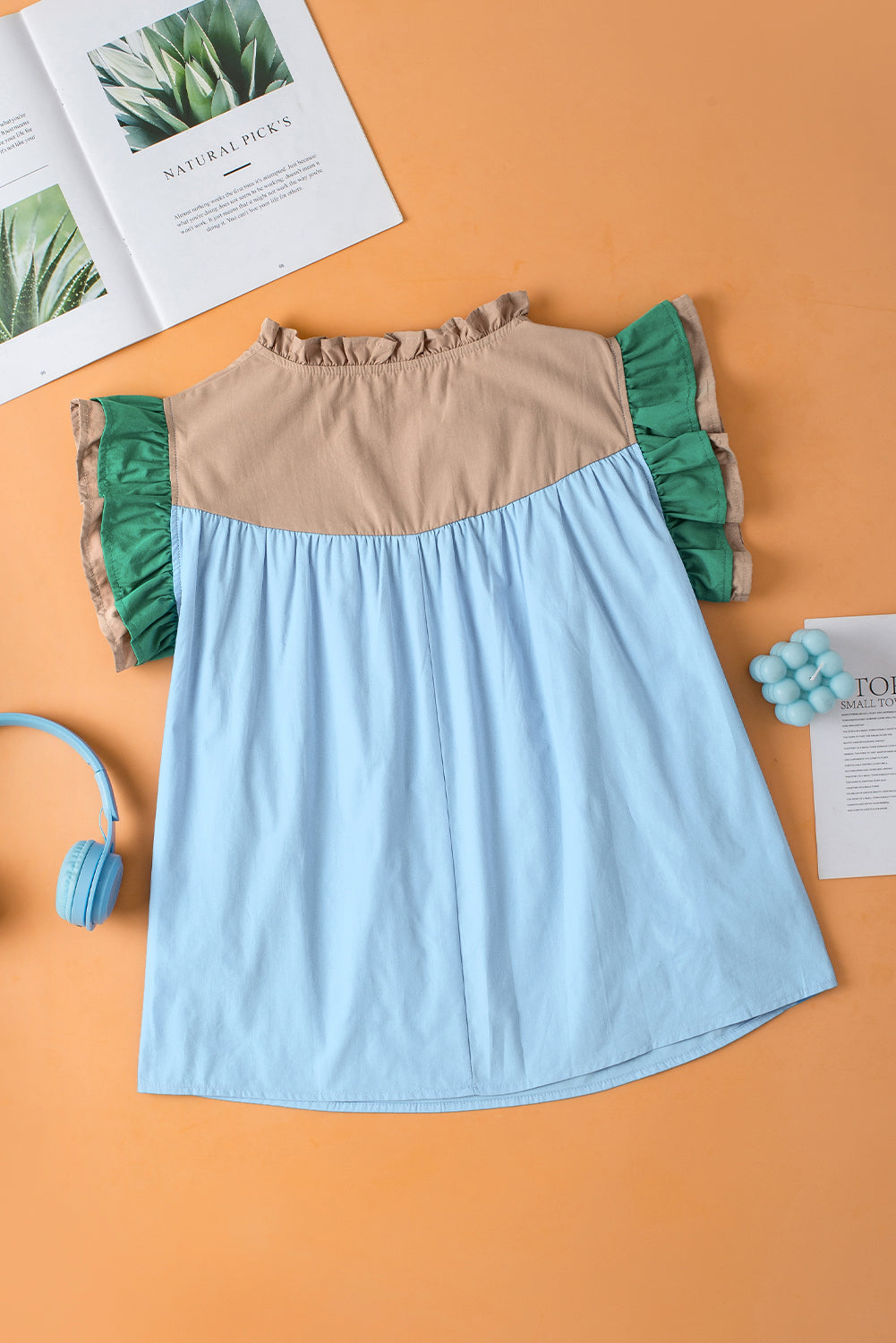 Mist Blue Colorblock Ruffled Sleeve Frill V Neck Blouse