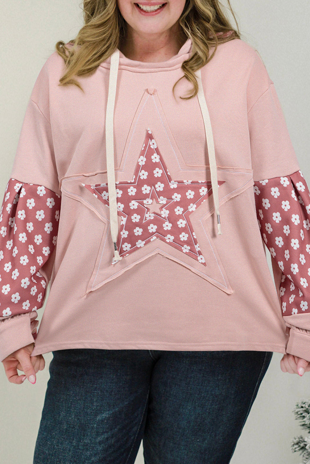 Delicacy Star Patch Graphic Floral Color Block Drawstring Plus Size Hoodie