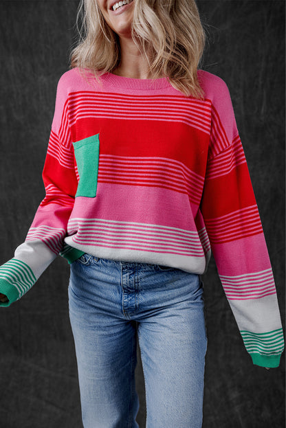 Rose Striped Knit Patch Pocket Drop Shoulder Sweater