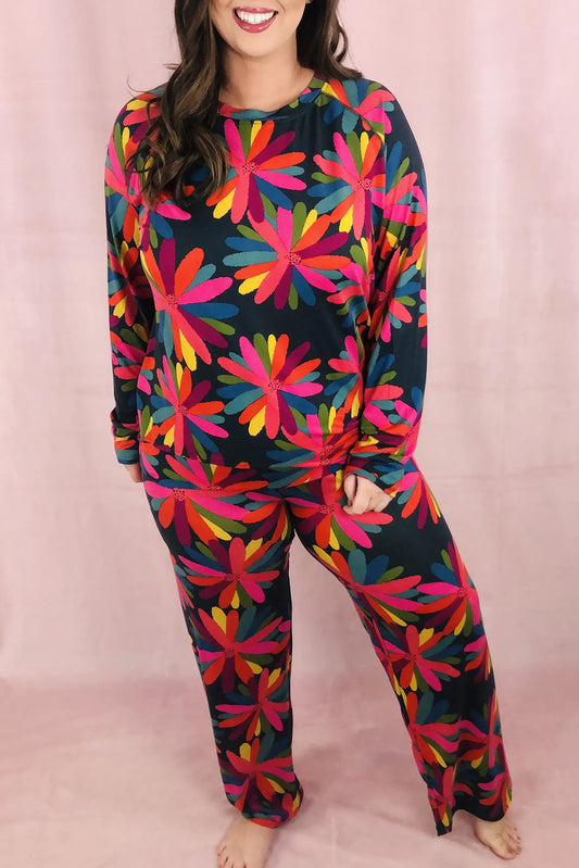 Black Plus Size Printed Long Sleeve and Pants Lounge Set