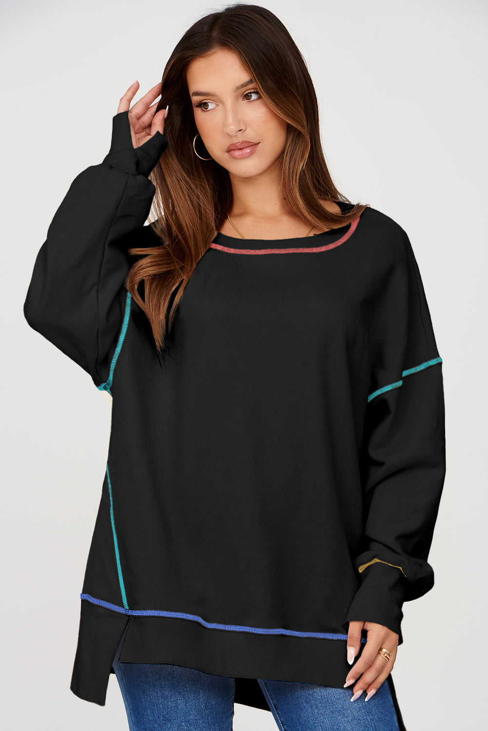 Black Contrast Stitching Split Baggy Sweatshirt