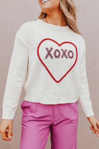 White Heart XOXO Pattern Drop Shoulder Rib Knit Sweater