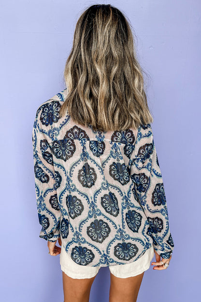 Blue Tribal Pattern Buttoned Front Loose Shirt