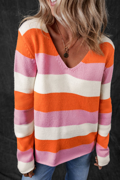 Orange Stripe Colorblock V Neck Casual Sweater