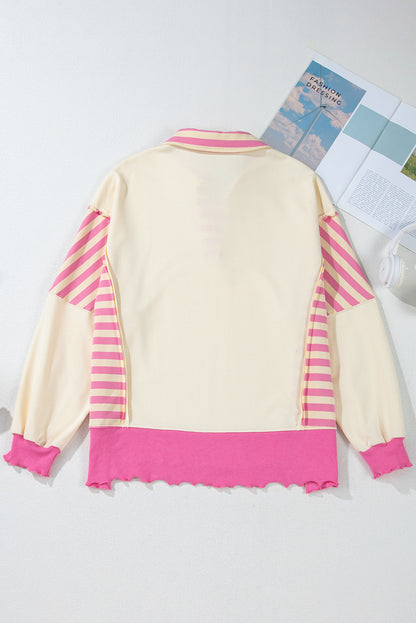 Pink Stripe Colorblock Patchwork Collared French Terry Knit Top