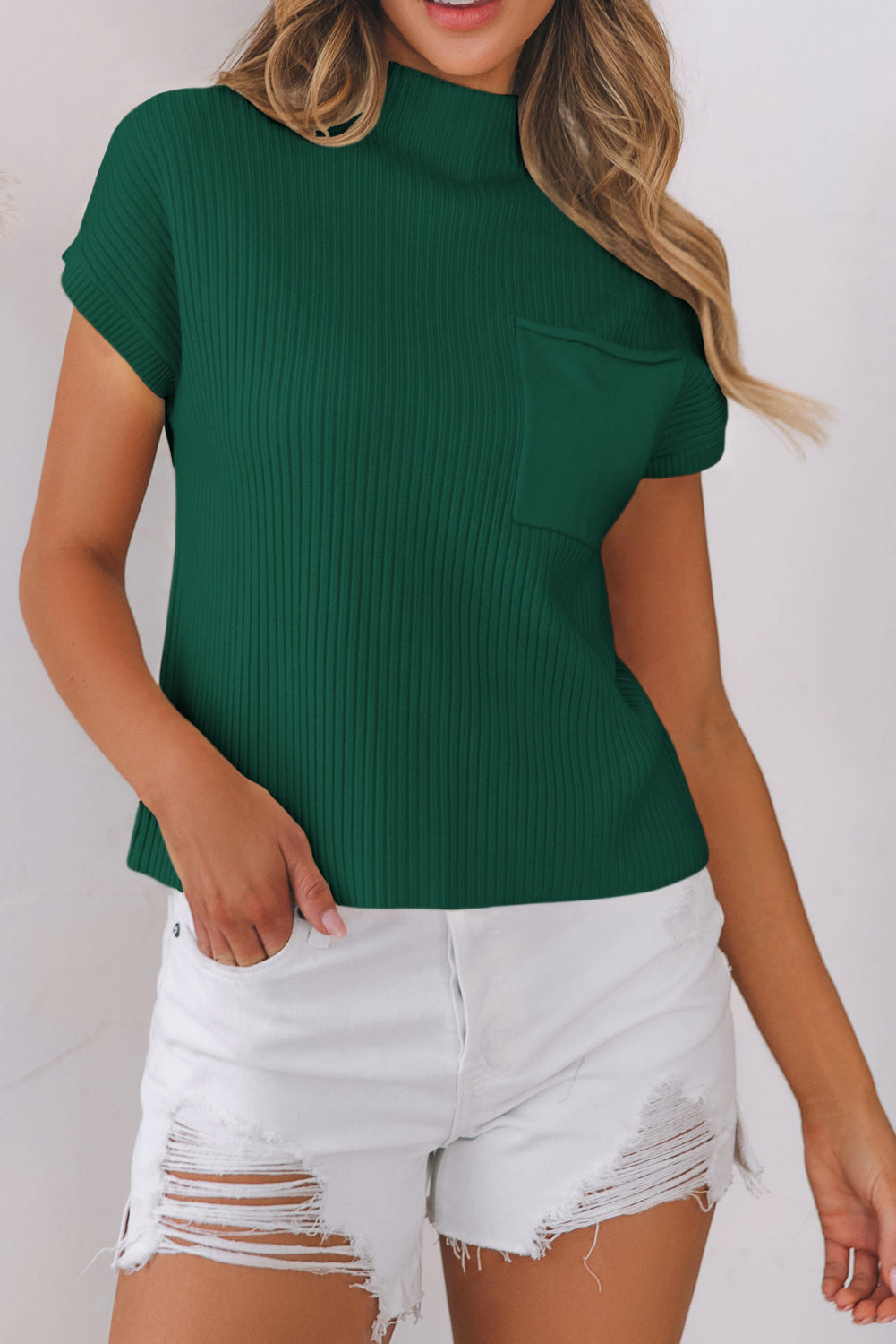 Blackish Green Patch Pocket Ribbed Knit Short Sleeve Sweater