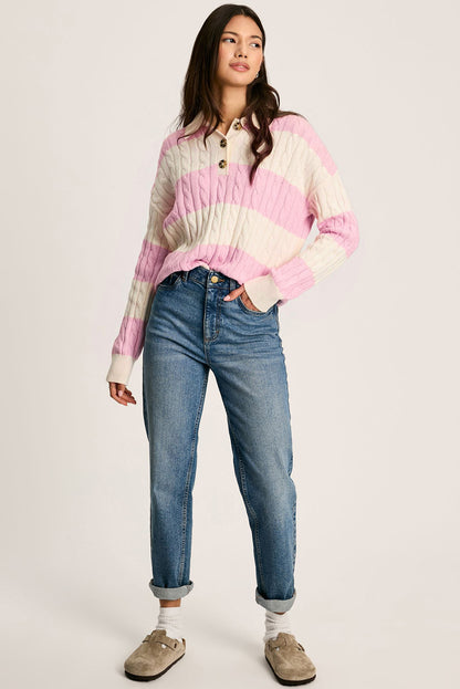 Pink Stripe Cable Knit Collared Henley Sweater