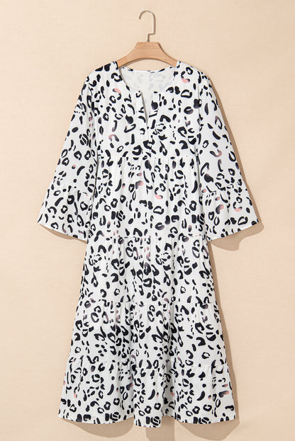 White Leopard Print Notch V Neck Loose Fit Maxi Dress