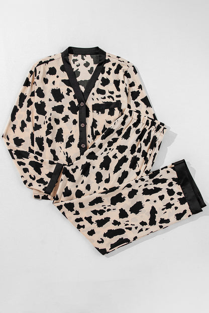 Khaki Cheetah Contrast Trim Loose Fit Two Piece Sleepwear