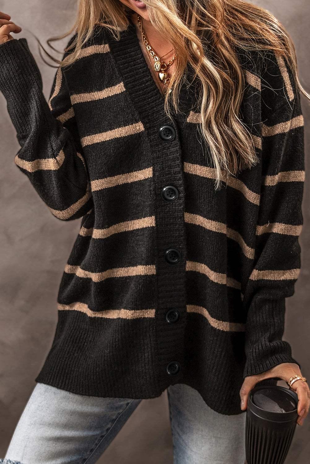 Black Stripe Buttoned V-Neck Drop Shoulder Loose Cardigan